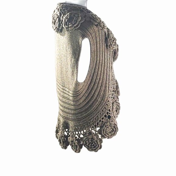 Roz & Ali VTG Wool Blend Crochet Tan Rosette Tie Snap Over Shrug Vest Size 14/16 - Picture 7 of 7